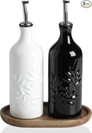 Sweejar Ceramic Olive Oil Dispenser Bottle, 20 Oz Relief Opaque Oil Cruet Protects To Reduce Oxidation, Suitable for Storage Vinegar, Soy Sauce,Liquids,Set of 2 (White Black) by CozyNest Decor