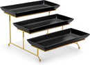 MALACASA 3 Tier Serving Trays for Party, 14 Inch Porcelain Black Trays for Serving Food, Dessert Stand with Collapsible Gold Metal Rack by CozyNest Decor