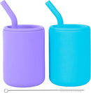 WeeSprout Silicone Baby Cups With Straws and Lids, 4 & 8 oz Options, Set of 2, Food Grade Toddler Training Container, Built In Straw Stoppers, Measurement Markings, Dishwasher Safe + Straw Cleaner by TinyTreasures Baby Boutique