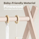 Comfy Cubs Wooden Baby Play Gym - Natural Finish Pinewood Baby Activity Gym with 5 Sensory Hanging Toys - Easy No-Tool Assembly, Safe and Durable for Infant Motor and Visual Development - Blush by TinyTreasures Baby Boutique
