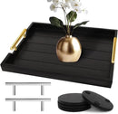 Coffee Table Trays - Large Ottoman Tray for Living Room - Wood Serving Trays with Handles(2 Sets) - Wooden Tray for Coffee Table, 4 Round Coasters Included, Black by CozyNest Decor