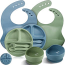 10 Pack Silicone Baby Feeding Set, Toddlers Led Weaning Feeding Supplies with Suction Baby Bowl Divided Plate Adjustable Bib Soft Silicone Spoon Fork, Infant Self Eating Utensil Set (Blue, Green) by TinyTreasures Baby Boutique
