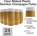 24 Pack Ribbed Ripple Stemless Toasting Glasses, Origami Durable 9 Oz BPA-Free Disposable Plastic Champagne Flutes for Weddings, Bars, Events, and Celebrations (Clear)