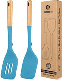 Pack of 2 Large Silicone Spatula, Heat Resistant Solid Turner, Non Stick Slotted Spatulas with Wooden Handle, Ideal Kitchen Utensils for Flipping, Pancakes, Eggs, Fish(BLUE) by CozyNest Decor
