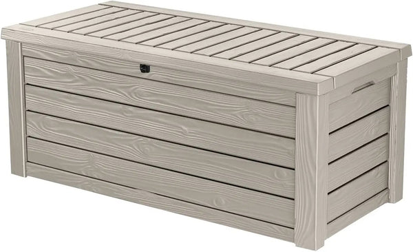 Keter Westwood 150 Gallon Resin Large Outdoor Storage Box for Patio Furniture, Outdoor Cushions, Garden Tools and Pool Floats, Beige