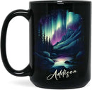 Customized Name Coffee Cup 11oz 15oz, Personalized Northern Lights Landscape Mug, Scenic Mountain And River Black Cup, Custom Northern Lights Inspired Ceramic Mug, Gift For Women by CozyNest Decor