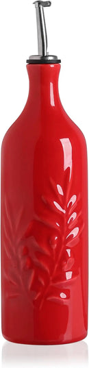 Sweejar Large Ceramic Olive Oil Dispenser Bottle, 24 Oz Relief Opaque Oil Cruet Protects Oil To Reduce Oxidation, Storage Vinegar, Soy Sauce, Coffee Syrup, Liquids, Set of 1 (Red) by CozyNest Decor