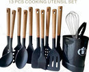 13-Piece silicone utensil set wood handle nonstick cookware safe dishwasher safe kitchen tools BPA free heat resistant (450°F/230°C) ceramic pan safe cooking gifts housewarming (Black) by CozyNest Decor