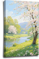 The scenery of a stream between trees and cherry blossoms under the blue sky is suitable for posting in the living room bedroom office landscape posters by CozyNest Decor