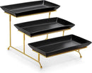 MALACASA 3 Tier Serving Trays for Party, 12 Inch Porcelain Black Trays for Serving Food, Dessert Stand with Collapsible Gold Metal Rack by CozyNest Decor