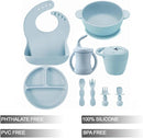 PandaEar Silicone Baby Feeding Set | 9PCS Baby Led Weaning Supplies Self Feeding Utensils | Divided Suction Plate Bowl Bibs Sippy Cup with Baby Snack Container Spoons Forks (Blue) by TinyTreasures Baby Boutique