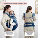 BabbleRoo Grow Carrier – Safety-Certified 6-in-1 Baby Carrier with Hip Seat, Ergonomic & Adjustable Toddler Carrier 7-50 lbs with Hip Support, Hood for Sun Protection, Newborn to Toddler, Denim Leaves by TinyTreasures Baby Boutique