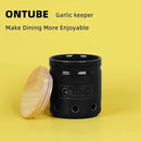 ONTUBE Large Garlic Keeper with Wooden Lid, Ceramic Garlic Holder Storage, Garlic Container for Kitchen, Garlic Saver to Keep Your Garlic Cloves Fresh Longer 4.5-Inch, Black by CozyNest Decor