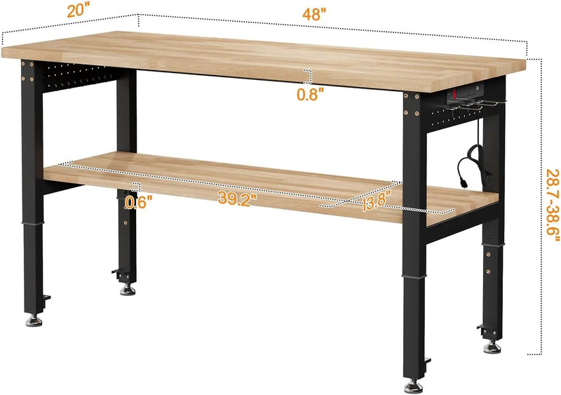 Albott 48" Adjustable 2-Tier Workbench with Solid Wood Top, Max 2000lbs Capacity, Built-in Power Strip with 4 AC Outlets & 2 USB Ports, Pegboard & 20 Hooks, Shop Garage Office, photo 2 of 6
