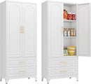 Kitchen Pantry Cabinet, 75" Tall Metal Pantry Cabinet with Two Drawers, Food Cupboards with Doors and Shelves, Freestanding Storage Cabinets for Dining, Living Room, White, Assemble Required by CozyNest Decor