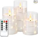 NURADA Flickering Flameless Candles: Built-in Star String Lights Acrylic 3D Wick Battery Operated LED Pillar Candles with Remote and Timer for Romantic Mood Home Decoration - 3 Pack Pure White by CozyNest Decor