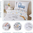 PERFEMET 4 Pcs Toddler Bedding Set - Soft Reversible Cars, Bus, Trucks Print Toddler Bed Set for Boys & Girls - Matching Sheet Set (Light Grey, Taxis/Bus/Trucks) by TinyTreasures Baby Boutique