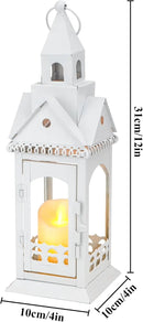 TRIROCKS Rustic Style Metal Candle Lantern 12'' High Decorative Outdoor Lantern Candle Holder with Tempered Glass House Shape for Home Living Room Garden Patio Parties Indoors Outdoors (White) by CozyNest Decor