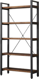 5 Tier Bookcase, Solid Wood Bookshelf Rustic Vintage Industrial Etagere Bookcase, Metal and Wood Free Vintage Bookshelf, Retro Brown (Real Wood) (5-Tiers) by CozyNest Decor