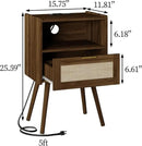 Rattan Nightstand with Outlet,Modern Bedside Table with Storage Drawer and Open Wood Shelf, for Living Room, Bedroom and Small Spaces, Accent Night Stand with Solid Wood Legs,Walnut Brown by CozyNest Decor