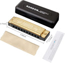 Randon Gold Harmonica Key of C, 10 Holes Diatonic Harmonicas for Adults/Kids/Beginners, Blues Harmonica as Gift, with Case, Clean Cloth and Manual by TinyTreasures Baby Boutique
