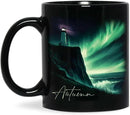 Customized Name Black Coffee Mug, Personalized Beautiful Northern Lights And Lighthouse Mug, Custom Mystical Ocean View Ceramic Cup, Gift For Women Men, Nature Themed Mug 11oz 15oz by CozyNest Decor
