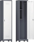 Storage Cabinet,Slim Broom Closet Storage Cabinets with Lockable Doors,Narrow Utility Cabinets with Hanging Rod,Tall Broom Closet for Laundry,Home Office,Grey-White by CozyNest Decor