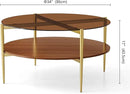 Extra Large Round Coffee Table, Mid-Century Modern Design, D34 x H17 in, for Living Room, 2-Tier Structure, Amber Glass Top and Walnut MDF Shelf, Sleek Conical Metal Legs with Gold Finish by CozyNest Decor