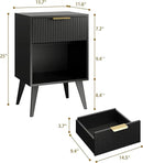 Fluted Night Stand with Opening Storage,Mid Century Bedside Table with Drawer,Modern Nightstand with Solid Wood Legs,End Table Side Table for Living Room,Bedroom,Black CTG56BK by CozyNest Decor