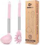 Silicone Pasta Fork and Ladle Spoon Set, Large Non Stick Kitchen Utensils for Cooking,Stirring,Serving Spaghetti, Soup, Sauce (PINK) by CozyNest Decor