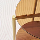 Round Glass End Table, Mid-Century Modern Design Sofa Table for Living Room, D18 x H23, 2-Tier Structure, Amber Glass Top and Walnut Shelf, Sleek Conical Legs with Gold Finish Frame by CozyNest Decor