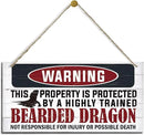 Funny Warning Signs, The Property is Protected By Highly Trained Bearded Dragon Sign, Decorative Wood Hanging Wood Plaque, Warning Wood Sign for Indoor Outdoor Use, Door Gate Hanger, House Decor by CozyNest Decor