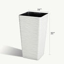 Worth Garden 22" Tall Planters Set of 2 - Plastic White Square Plant Pots - Modern Big Tapered Matte Wavy Tree Flower Pot for Indoor Outdoor Porch Deck by CozyNest Decor