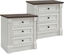 26" Tall Farmhouse Nightstand Set of 2, 3 Drawers End Table w/Charging Station, 23.6" Wide Large Side Table w/Roman Column, Wood Rustic Sofa Table for Bedroom, White by CozyNest Decor