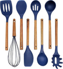 Country Kitchen Non Stick Silicone Utensil Set with Rounded Wood Handles for Cooking and Baking, 8 Piece Set, Navy by CozyNest Decor