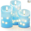 Homemory Flameless Candles with String Lights, 3 Pack Embedded Fairy String Lights LED Candles, Electric Flickering Candles with Remote Control and Timer, Real Wax, Blue by CozyNest Decor