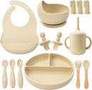 Silicone Baby Feeding Set 14 Pcs,Baby Led Weaning Supplies, Baby Spoons Suction Bowl Divided Plate Bib Cup Finger Brush,First Stage Solid Food Eating Utensils - 6+ Months(Beige) by TinyTreasures Baby Boutique