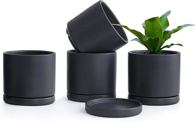 D'vine Dev Set of 4 Small Ceramic Plant Pots, 4.6 Inch Succulent Planter Pot for Plants with Drainage Hole and Saucer, Black, 94-X-B-2