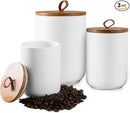 White Canister Sets for Kitchen, 3pcs Ceramic Canisters with Airtight Wooden Lid, Food Storage Jar, Large Kitchen Storage Containers for Serving Coffee Beans, Tea, Sugar, Salt, Spices by CozyNest Decor