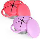 2 Pack Snack Cups for Toddlers Spill Proof - Detachable Stainless Steel Toddler Snack Cups with Silicone Lids & Handles - Dishwasher Safe Baby Snack Containers for Mess-Free Snacking (Red and Purple) by TinyTreasures Baby Boutique