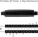 Randon Black Harmonica Key of C, 10 Holes Diatonic Harmonicas for Adults/Kids/Beginners, Blues Harmonica as Gift, with Case, Clean Cloth and Manual by TinyTreasures Baby Boutique