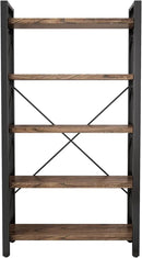 5 Tier Bookshelf Rustic Solid Wood Industrial Style Bookcase,Metal and Real Wood Vintage Bookshelf,Book Shelves Home Office, Retro Brown,Dark Matching credenza(LZ01-05tier) (5Tiers) by CozyNest Decor
