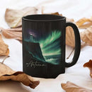 Customized Name Black Coffee Mug, Personalized Beautiful Northern Lights And Lighthouse Mug, Custom Mystical Ocean View Ceramic Cup, Gift For Women Men, Nature Themed Mug 11oz 15oz by CozyNest Decor