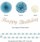 Dusty-Blue White Birthday Party-Decorations Paper-Flowers - 14pcs Happy Banner Boy Lanterns Tissue Pom Poms,Men Streamers Garland Fans Honeycomb,Baby Teen Male Kids Hanging Supplies Decor Hugfond by CozyNest Decor