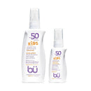 BU SPF 50 Fragrance Free Kids Sunscreen Spray for Face and Body, TSA Travel Size Sunscreen, Clear Non Aeorsol Spray, Non Greasy, Water Resistant and Oil Free, 3.3 oz and 1 oz (2-Piece Bundle) by TinyTreasures Baby Boutique