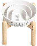 Slow Feeder Dog Bowls - 3-Cup Raised Ceramic & Wood Stand for Medium-Large Breed, White by CozyNest Decor