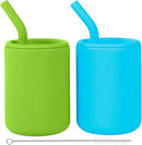 WeeSprout Silicone Baby Cups With Straws and Lids, 4 & 8 oz Options, Set of 2, Food Grade Toddler Training Container, Built In Straw Stoppers, Measurement Markings, Dishwasher Safe + Straw Cleaner by TinyTreasures Baby Boutique