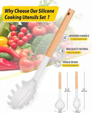 Silicone Pasta Fork and Ladle Spoon Set with Wooden Handle, Heat Resistant Non Stick Kitchen Utensils for Cooking, Stirring, Serving Spaghetti, Soup, Sauce(WHITE) by CozyNest Decor