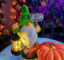 Solar Gnome Outdoor Garden Fall with Solar Lantern - 11’’Halloween Autumn Welcome Gnomes Decorations for Yard Patio (Green & White) by CozyNest Decor