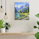 Landscape wall painting of mountain forest lakeside cabin under blue sky and white clouds natural oil painting poster suitable for living room bedroom office by CozyNest Decor